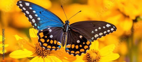 Close-up of a beautiful butterfly with blue and black wings resting on yellow flowers.
