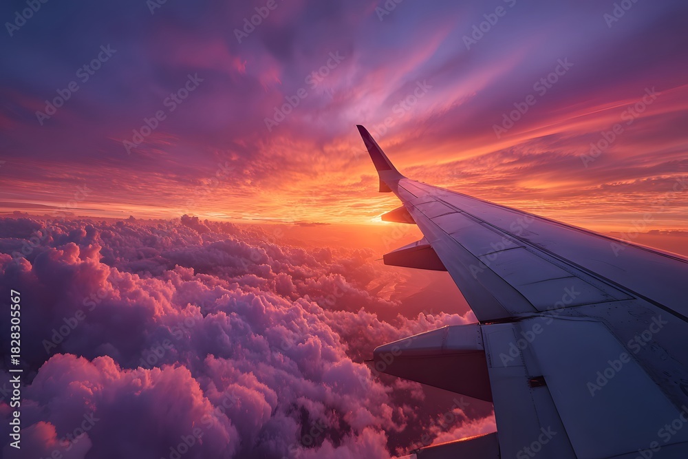 Naklejka premium View from an airplane window looking out at a stunning purple and orange sunset with the silhouette of the aircraft wing over fluffy clouds.