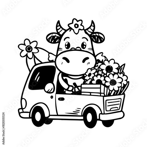 Funny cow drives a truck with dairy products. Cartoon comic cow with a flower in its mouth drives a truck with milk, cream and yogurt. Black and white illustration See Less
