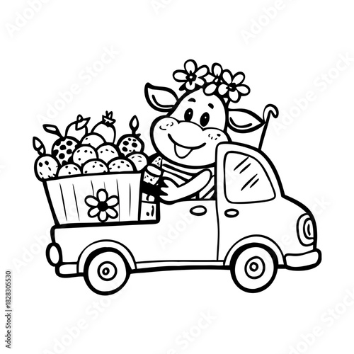 Funny cow drives a truck with dairy products. Cartoon comic cow with a flower in its mouth drives a truck with milk, cream and yogurt. Black and white illustration See Less
