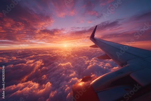 View from an airplane window looking out at a stunning purple and orange sunset with the silhouette of the aircraft wing over fluffy clouds.