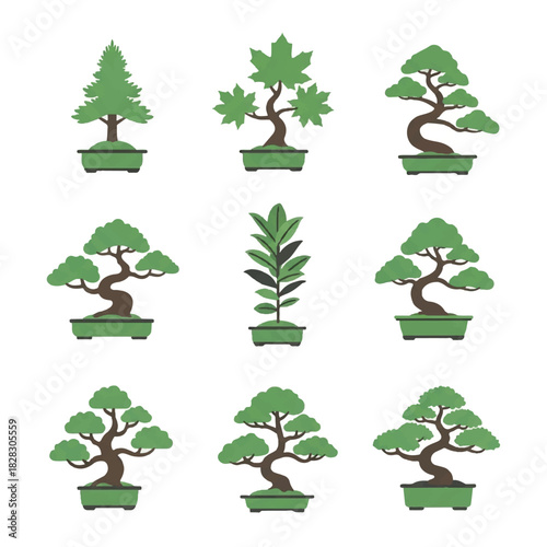 Vector collection of stylized miniature bonsai trees in various classic pots, depicting diverse species and elegant designs for botanical and decorative purposes