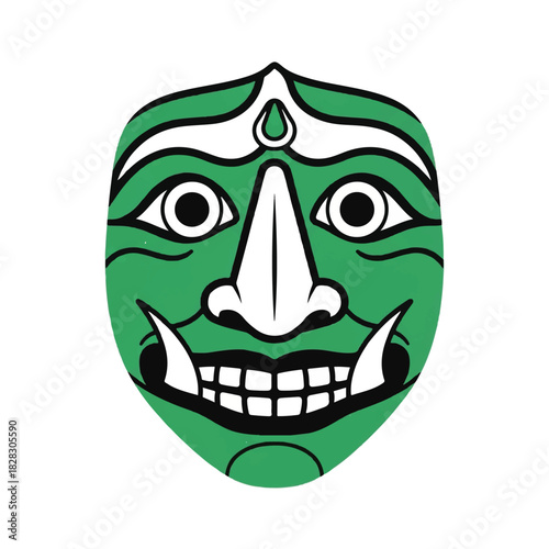 Vibrant Green Traditional Folk Mask Illustration with Expressive Demon-like Features for Cultural Art and Design Projects