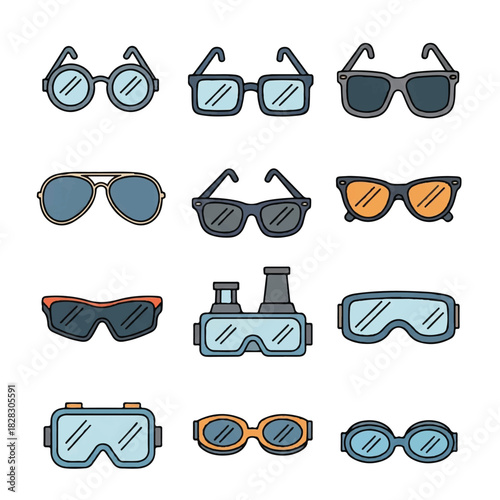 Extensive collection of diverse eyewear illustrations, featuring a wide range of stylish sunglasses, classic spectacles, and specialized protective goggles in a vibrant graphic set
