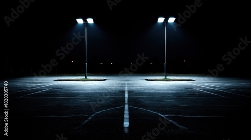 A dimly lit parking lot at night, illuminated by two streetlights, reveals empty spaces against a backdrop of faint distant lights.