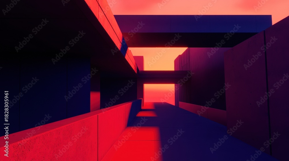 Fototapeta premium A modern architectural space with geometric shapes glows in dramatic red and purple lighting, creating a sense of depth and intrigue.