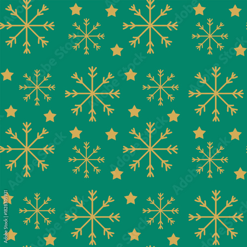 Festive Green Snowflake Pattern With Stars: Holiday Winter Design for Wrapping, Fabric, and Decor