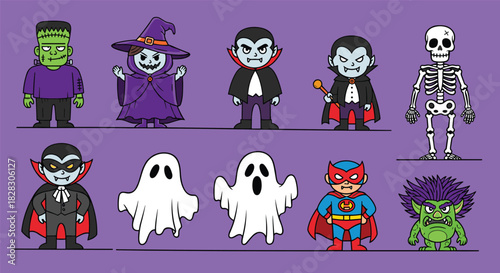 Cartoon Halloween characters, spooky costume clipart, fantasy monster illustration, vampire ghost witch vector, superhero and troll design, festive theme, purple background, playful style