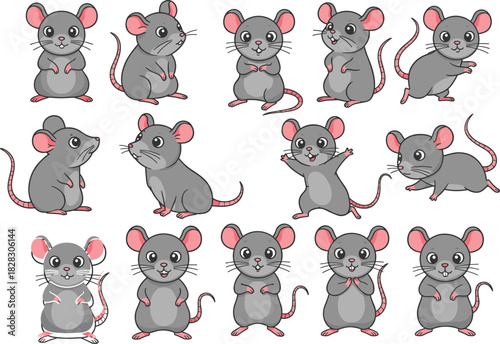 Cartoon gray mice, cute rodent characters, pink ears and tails, expressive poses, animal illustration, mouse gestures, playful design, children’s art, storytelling elements, character set