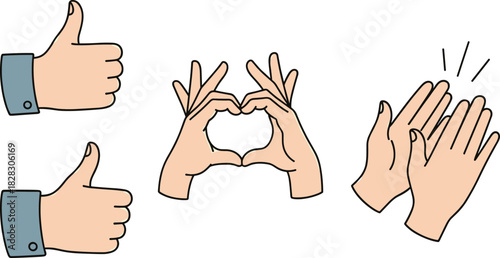 Cartoon hand gestures, thumbs up vector, heart shape hands, clapping illustration clipart, expressive finger signs, social media icons, emotional communication, playful style
