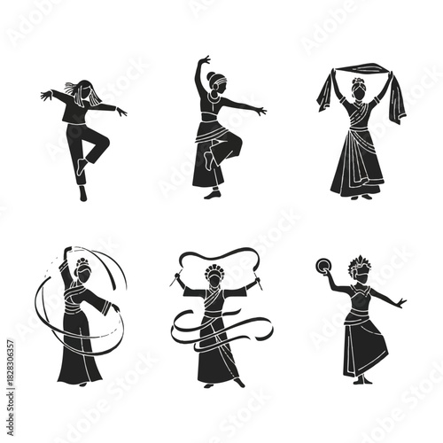 Collection of Silhouettes Representing Traditional Chinese Dance Movements and Poses
