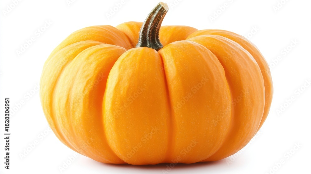 Obraz premium A vibrant orange pumpkin with a textured surface and curved stem sits against a white background.