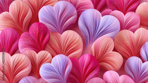 Colorful heart-shaped petals in pink and purple tones create a vibrant and romantic floral pattern.