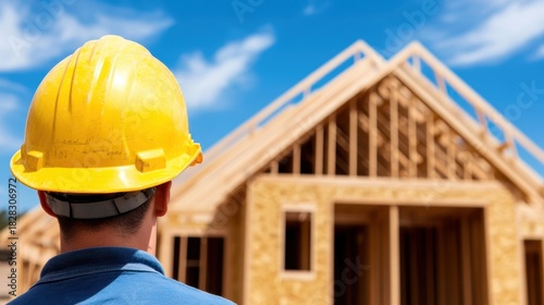 A person in a yellow hard hat gazes at a partially constructed wooden house under a clear blue sky.
