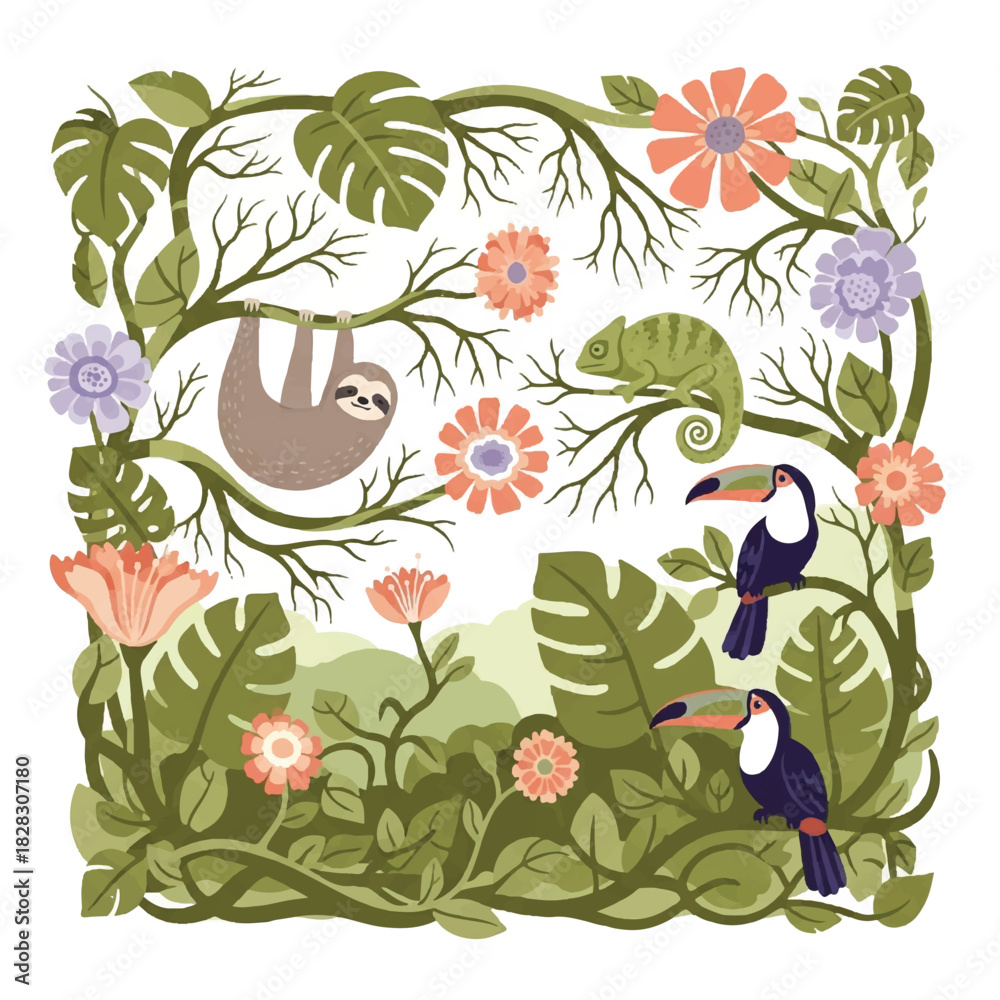 Obraz premium Vibrant jungle illustration featuring a sloth, chameleon, and toucans surrounded by lush tropical leaves and flowers