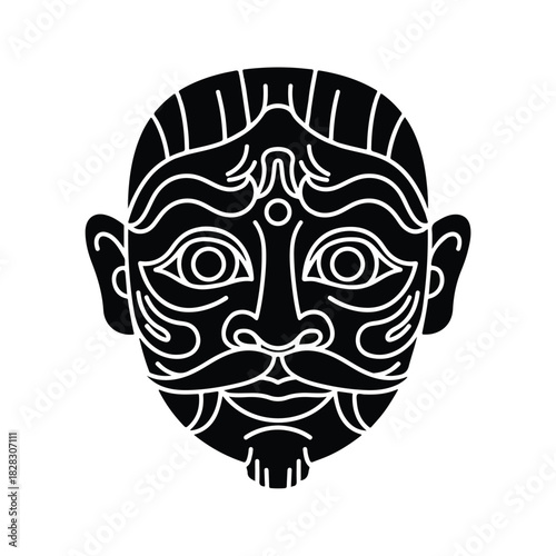Traditional Asian theatrical mask icon in a bold black and white graphic style, representing a mythological character or deity
