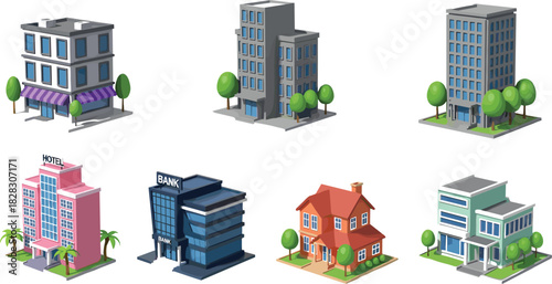 Isometric low poly 3D building set featuring residential house, hotel, bank, and office structures for creating cityscapes, maps, and architectural designs vector