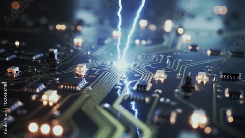 Wallpaper Mural Intense teal illumination with sparks on intricate circuitry Torontodigital.ca