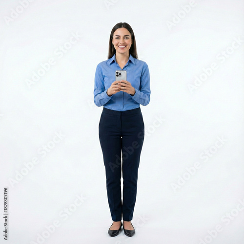 Smiling Woman in Blue Shirt Holding Phone in Studio