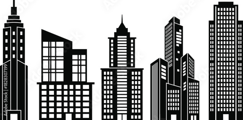 Set of modern city skyscraper silhouettes, black and white icon collection representing urban architecture, corporate headquarters, and downtown metropolis vector