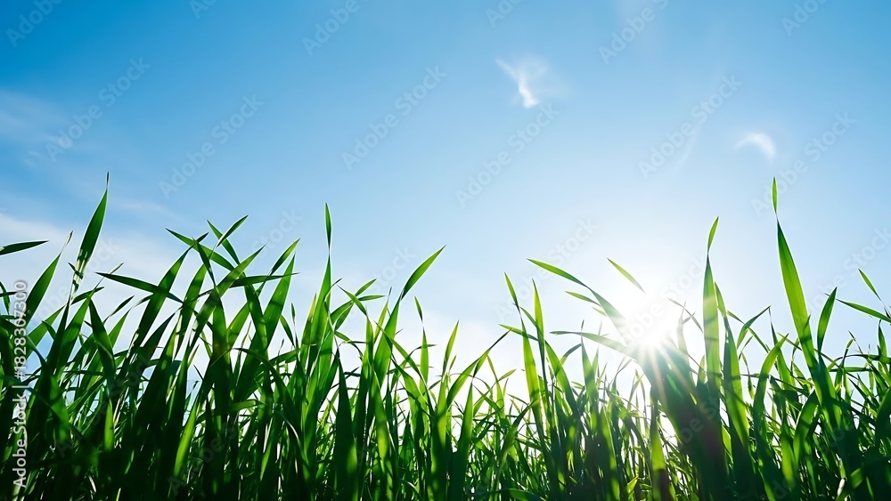 Fototapeta premium Low angle view of green grass blades against a bright blue sky with sun shining through leaves