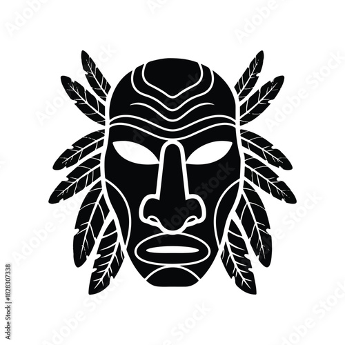 Intricate Tribal Mask Icon with Feather Details in Bold Black and White Illustration