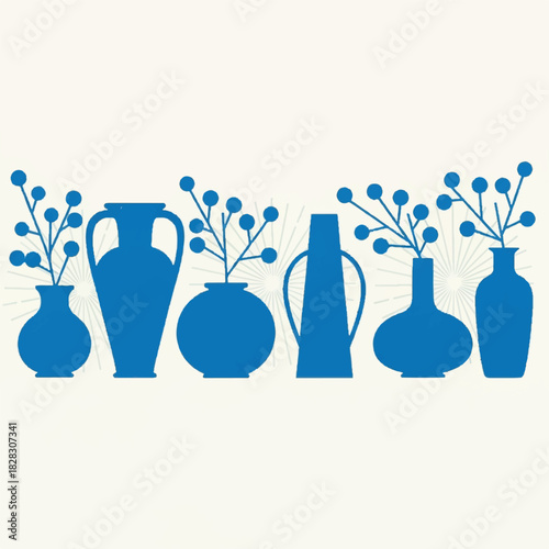 Vases and Branches A Graphic Floral Arrangement in Blue