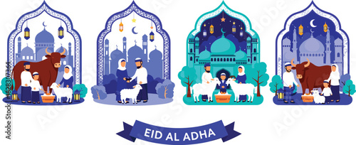 Eid Al Adha celebration set featuring Muslim families performing Qurbani, livestock sacrifice, and traditional Islamic mosque silhouette scene vector
