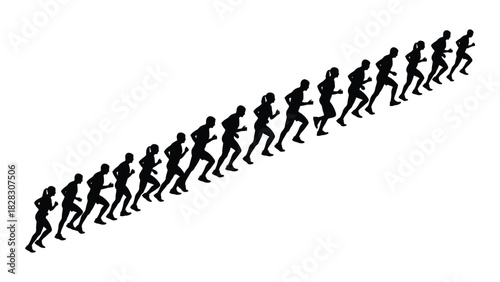 Group of running silhouettes in a diagonal line isolated on white background, Vector