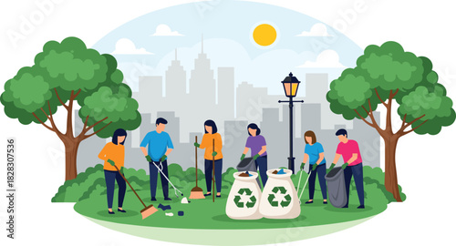 Diverse group of volunteers doing a community park cleanup, collecting garbage in recycle bags, promoting environmental protection and urban ecology vector illustration
