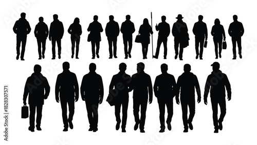 Diverse group of walking people silhouettes isolated on white background, Vector