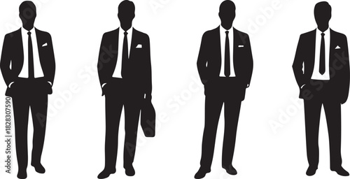 Four black and white silhouette figures of men in suits standing against a white background