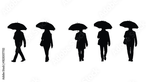 People walking with umbrellas silhouettes isolated on white background, Vector