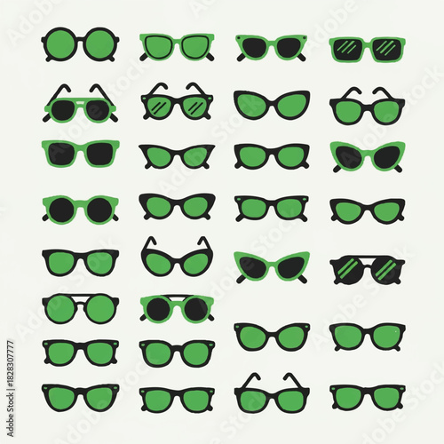 Collection of various green framed sunglasses on a plain white background