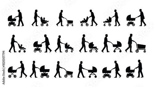 Silhouettes of adults with strollers and shopping carts isolated on white background, Vector