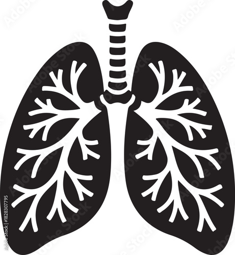Minimalist black and white illustration of human lungs and trachea respiratory system