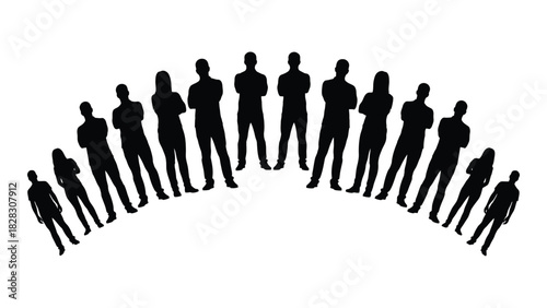 Diverse group of people silhouettes in an arc isolated on white background, Vector