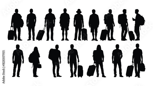 Travelers with luggage silhouettes isolated on white background, Vector