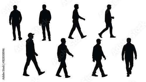 Set of various male walking silhouettes isolated on white background, Vector