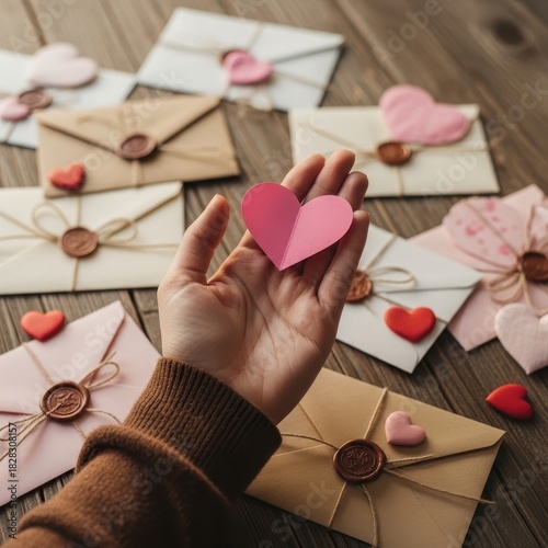 Hand holding a pink heart with love letters in the background on wooden table