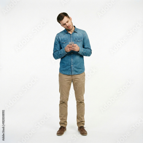 Young man in casual denim shirt focuses on his smartphone, head tilted slightly in concentration against a bright white studio backdrop, fully engaged with the digital world