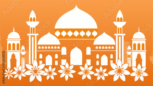 Illustration of mosque with flowers on orange backdrop