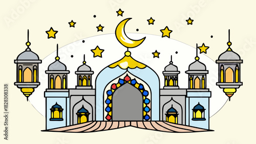 Illustration of a mosque with moon and stars