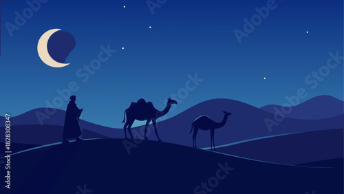 Silhouette of camels and man under moonlit sky
