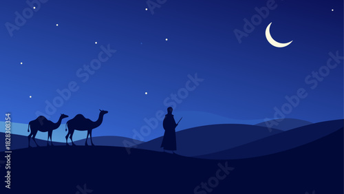Camels and man silhouette under the moon night