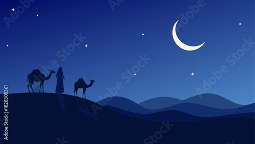 Camels and person silhouette under the moonlit sky