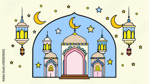 Illustration of mosque with lanterns and moons art