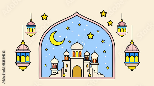 Illustration of a mosque with moon and lanterns