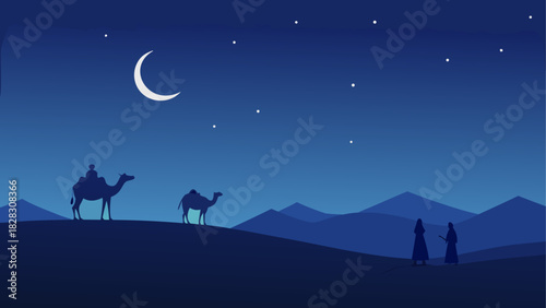 Camels and people under a starry night desert sky