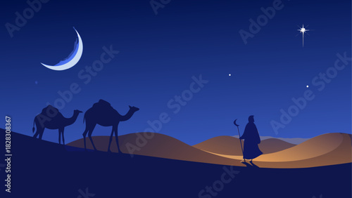 Camels and man walking in desert at night scene